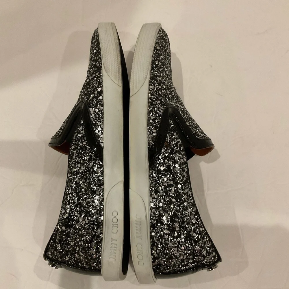 Jimmy Choo Demi Coarse Glitter Slip-Ons Sneakers Black and Silver - Picture 9 of 15